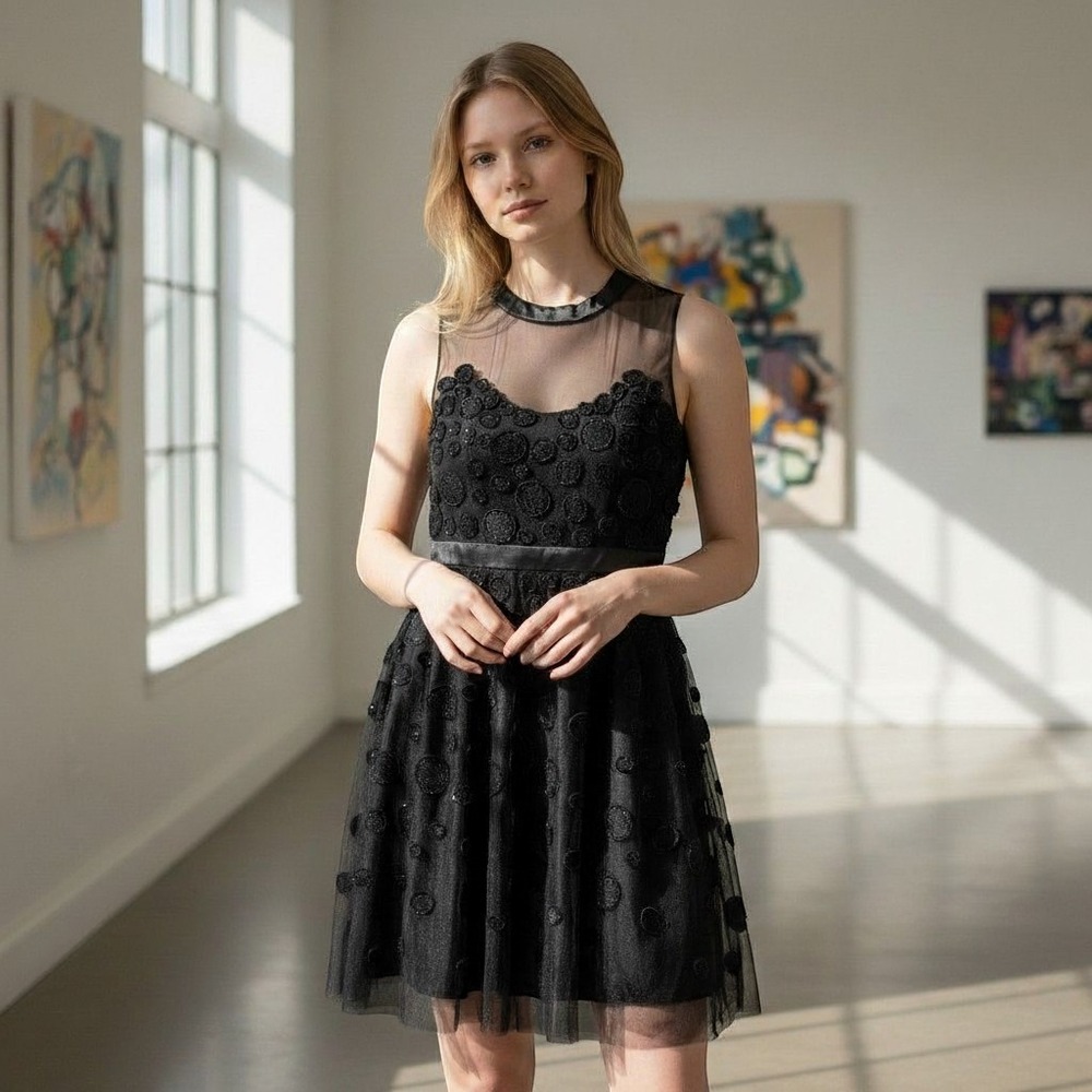 Basix II Black Polka Dot Beaded Mesh Tulle Dress Size 4 Whimsigoth Fairy LBD